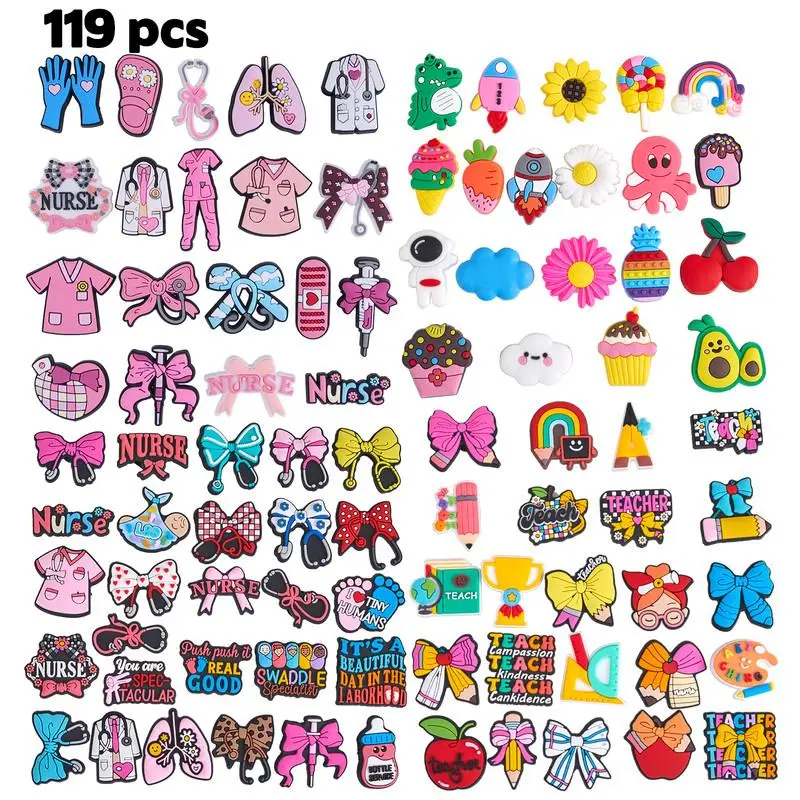 119PCS Festival Theme PVC Shoe Charms Mixed 25 Pink Nurse +30 Cute Rainbow +36 Bow Nurse +28 Bow Teacher, Bows Medical School Cartoon Minimalist Patterns, Supple PVC Charms for Clogs Wristbands DIY, Nice Seasonal Gifts for Teachers & Healthcare Workers