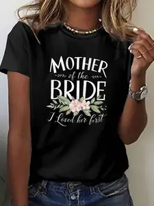 Women'S Mother'S Day "Mother of the Bride" Floral & Wedding Ring Print T-Shirt - Short Sleeve Round Neck Casual Top, Lightweight Breathable & Design for Spring Summer Wedding Guest Outfits, Bridesmaid Apparel, Comfortable Casual Attire