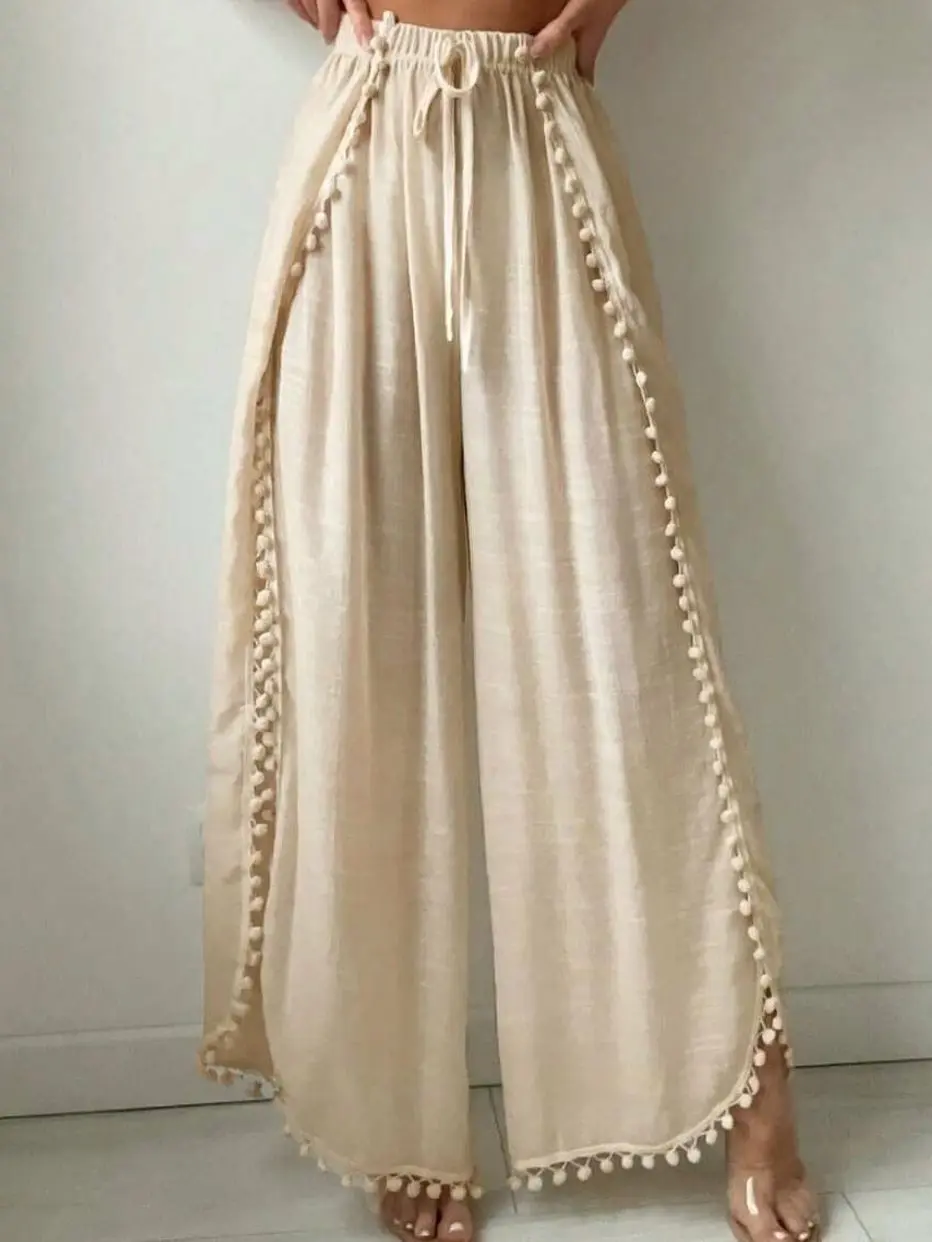 Swim Lushoire Women's High Split Tulip Beach Pants | Pom-Pom Trim Elastic Drawstring Waist Palazzo Trousers | Boho Semi-Sheer Cream Linen-Gauze Cover-Up Pants