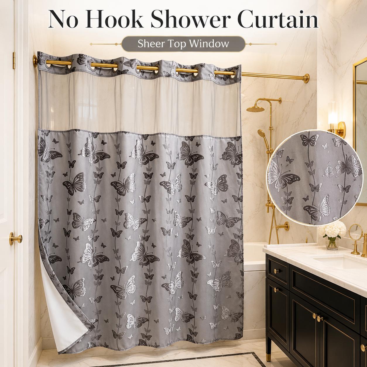 Black Butterfly Hookless Shower Curtain with White Mesh Window, Water-Resistant & Machine Washable Fabric Curtain, Easy Install Bathroom Decor, 72 x 75 Inch