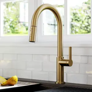 212 MAIN Modern Kraus Oletto Single-Handle Pull-Down Kitchen Faucet - Spot-Free Brushed Brass, Aerated Spray, Brass Body, 10-20" Height