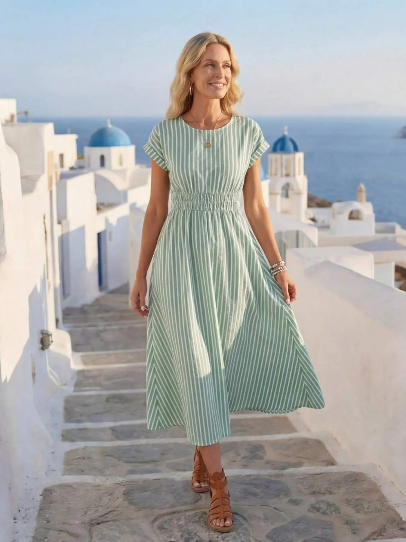Women's Fresh Striped Round Neck Short Sleeve Dress, Vacation A-Line Fit Casual Beach Sundress, Elegant Feminine Dress for Summer, Office, Daily Wear, Womenswear