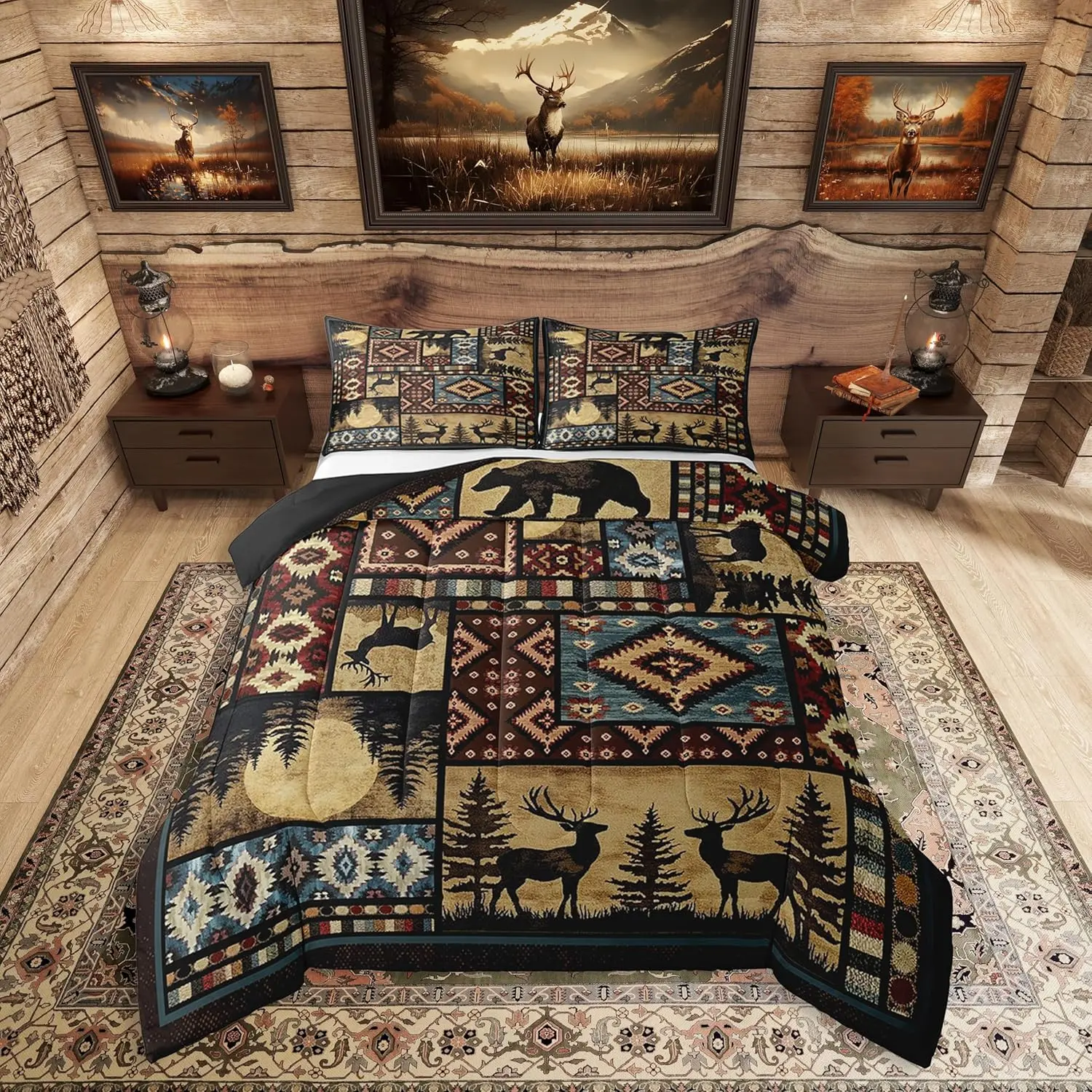 Feelyou Rustic Bear Bedroom Bedding Set - Soft Decorative Buffalo Plaid Grid Checkered Bedding, Western Inspired Hunting Deer Farmhouse Cabin Quilt, Southwest Aztec Duvet Set, Soft Bedding Set