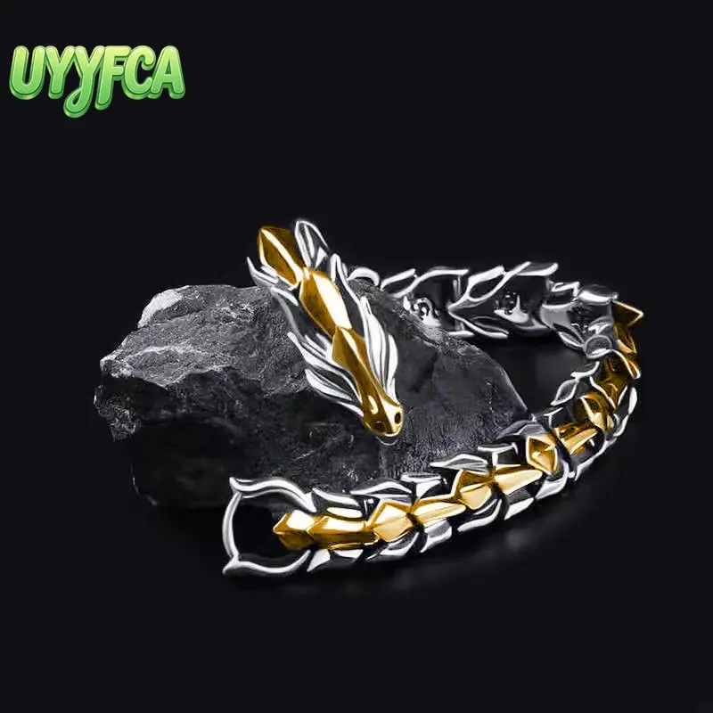 UYYFCA Cool Men's Gothic Dragon Bracelet, Vintage Hip Hop Style, Polished Stainless Steel Scale Chain, Durable Streetwear Jewelry for Daily Wear and Gifting,summerwins