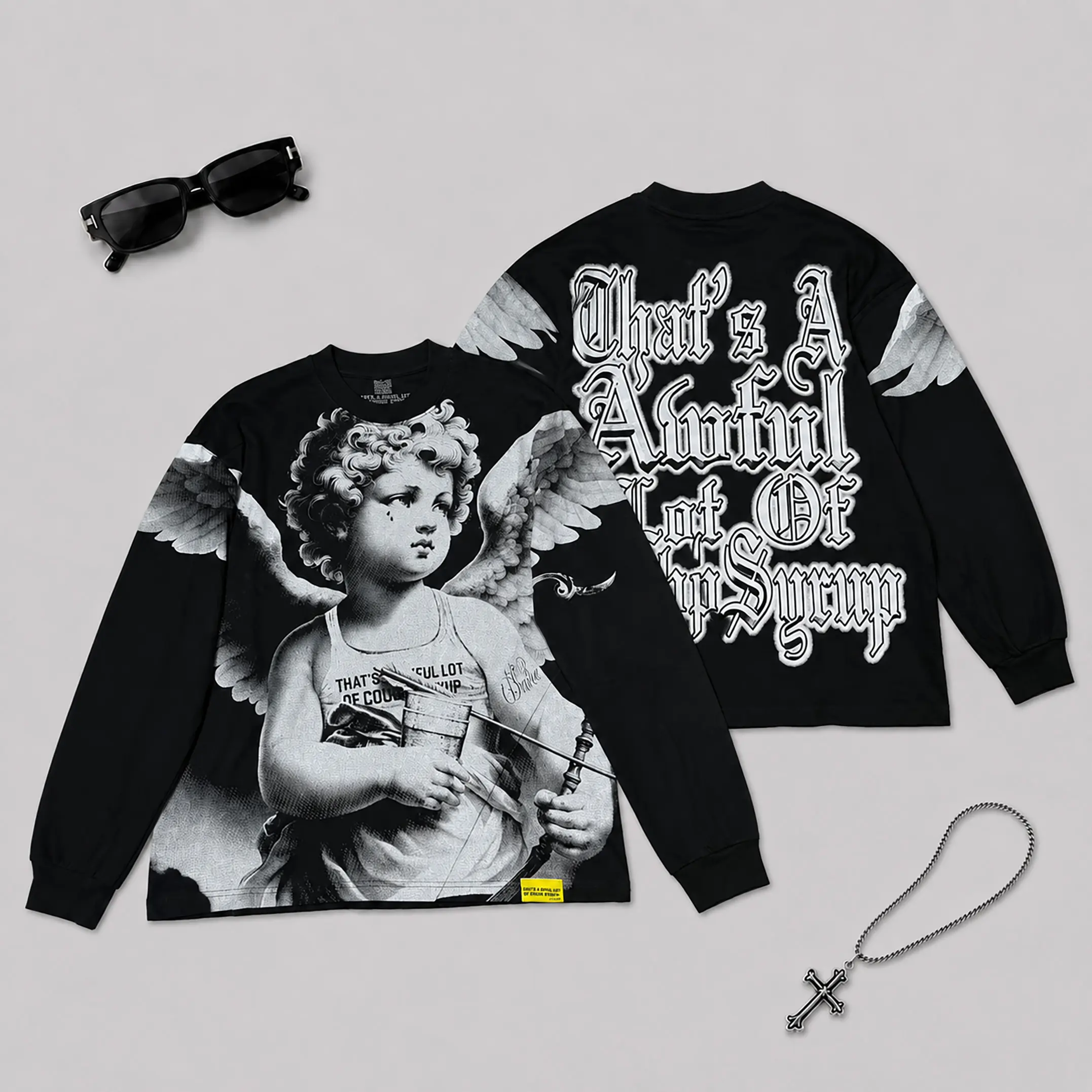 Cough Syrup Cherub Angel Graphic Long Sleeve T Shirt Cotton Oversized Drop Shoulder Crew Neck Front Back Print Y2K Gothic Hip Hop Streetwear Casual Party Festival Outfit Men Women Unisex Teens Adults