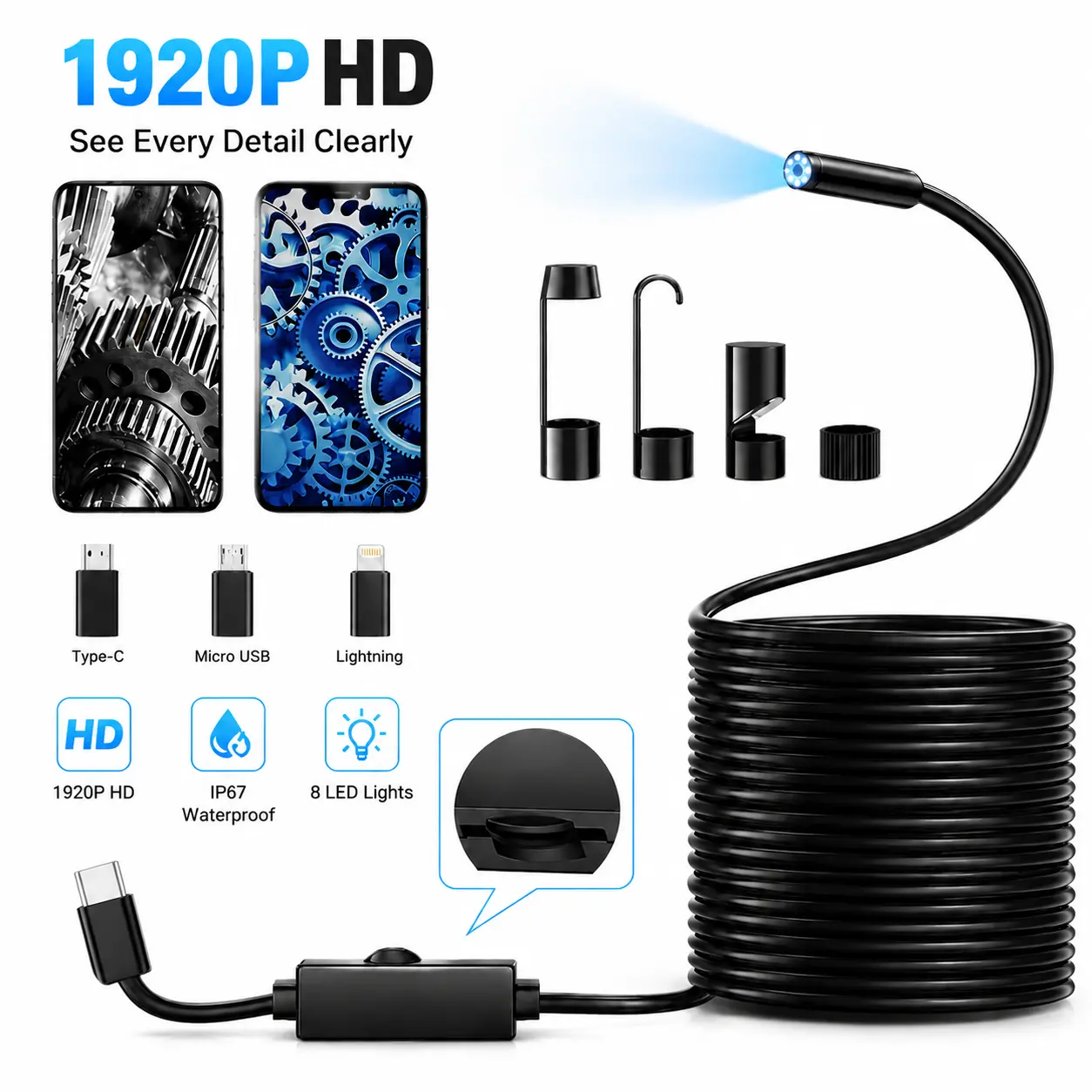 1920P HD Endoscope Camera, 8 Adjustable LED Lights Borescope Inspection Tool, Semi-Rigid Snake Cable Camera for iPhone Android, 11.48ft Flexible Scope