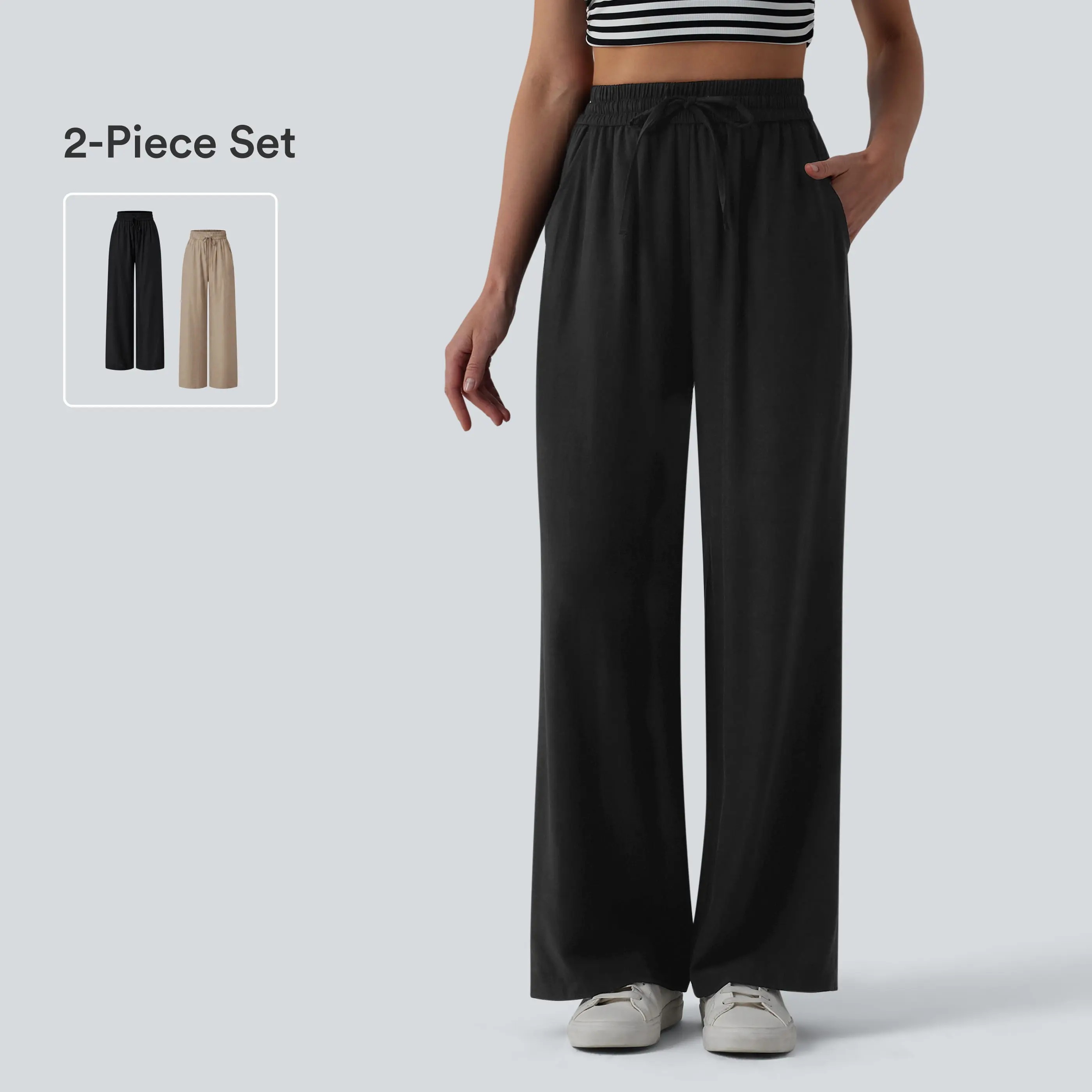 Halara 2-piece High Waisted Drawstring Wide Leg Casual Linen-Blend Pants with Pockets Set