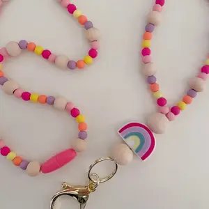 Multicolored Wooden Beaded Lanyard For ID Badge With Rainbow Focal Bead