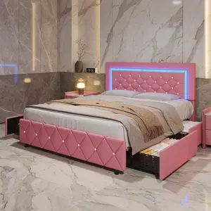 Modern Diamond Tufted Upholstered Platform Bed Frame LED Light Headboard Footboard Storage Drawers No Box Spring Needed Multi Size Multi Color Bedroom Furniture