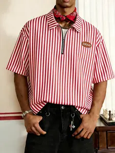 Stylish Men's Red Striped Zip-Up Collar Shirt,Loose Fit, Casual Street Style, Suitable for Spring and Summer Casual Wear and Outdoor Wear.