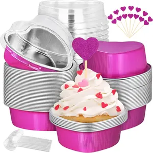 Fovths 60 Pack Valentine‘S Day Heart Shaped Cake Pans with Lids Disposable Aluminum Foil Heart Cupcake Baking Pans with Spoons Heart Cupcake Topper for Valentine Mother'S Day Baking Party, Hot Pink