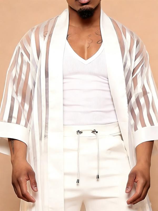 Men’s Sheer Striped Kimono Jacket – White Statement Layer for Nightwear & Fashion Styling