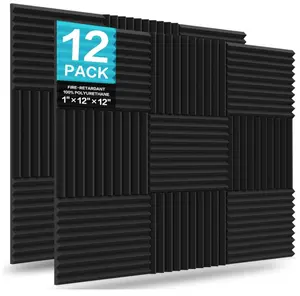 12-Pack Acoustic Foam Panels, 1"x12"x12" Fire-Resistant Studio Wedges, Soundproofing Padding for Acoustic Room Treatment (Black)
