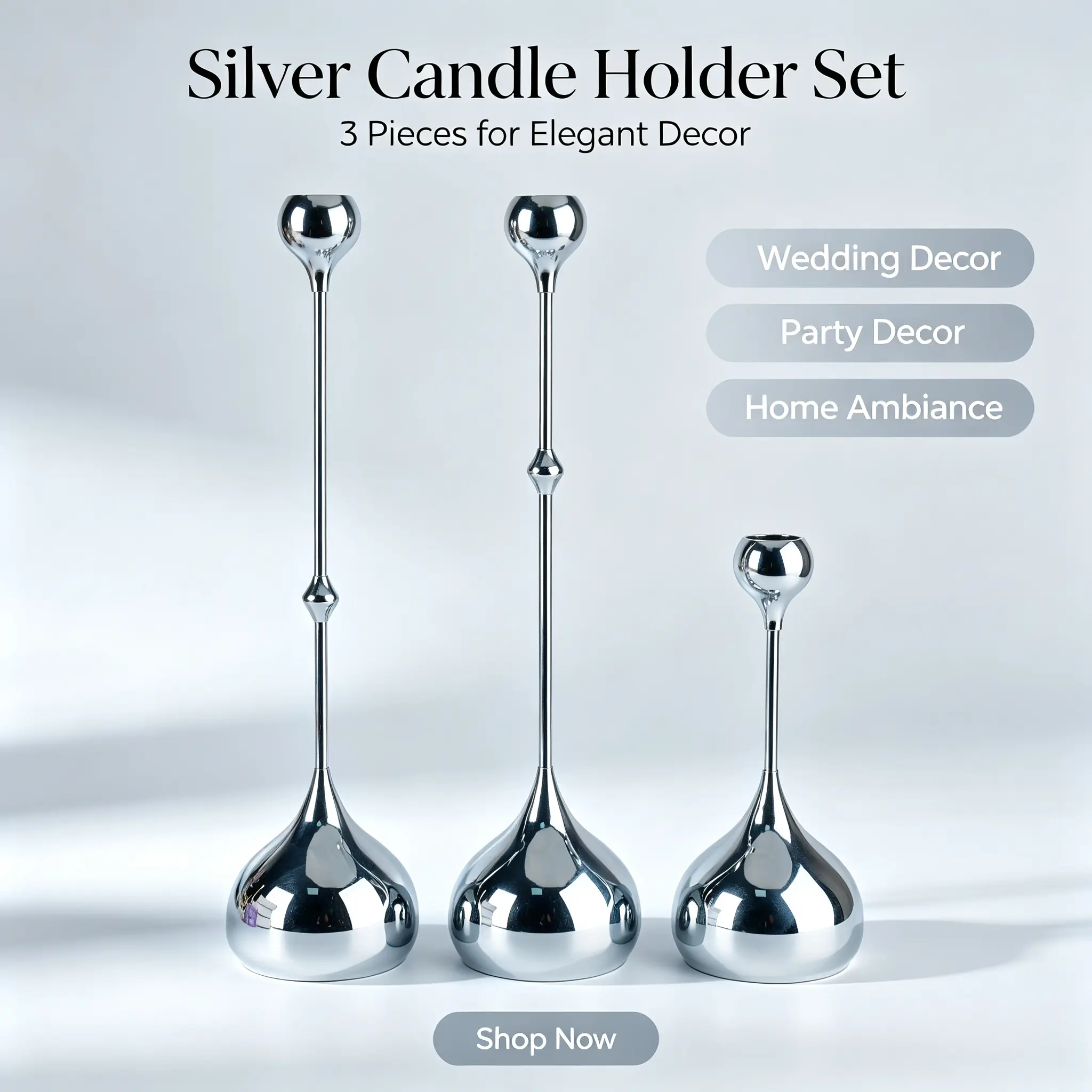 Silver Sparkling Waterdrop-Shaped Metal Tapered Candle Holders, 3-Piece Candle Stands, Modern Luxury Home Decor for Table Ornaments, Wedding Gift, Metal Candle Holders