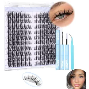 Cat Eye Lash Clusters Kit, Spiky Fairy Anime Manga Individual Lashes, Natural Wispy Cluster Eyelash Extensions with Bond and Seal Lash Glue & Tweezer, DIY At Home Lash Extension Kit