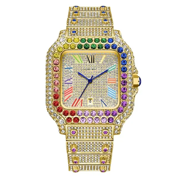 Dayand Night Unisex Iced-Out Quartz Watch - 42mm Square Alloy Case with Roman Numerals & Calendar, Business Casual, 30M-50M Waterproof