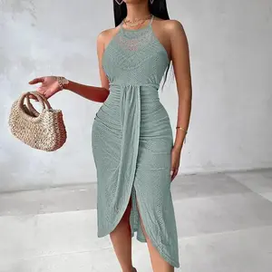 Women Strapless Ruched High Waist Wrap Split Asymmetrical Beach Maxi Long Dress Summer Casual Fit Womenswear
