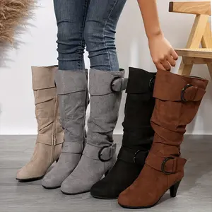 Women's Slouch Knee Boots, Strap Side Zipper Heeled Boots, Comfortable Suedette Long Boots