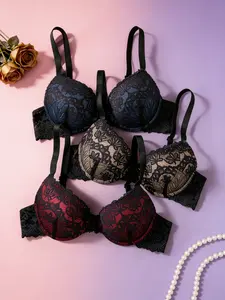 3-Pack Lace Patchwork Underwire Fitted Bras, Push-Up Lift, Fashionable & Versatile for Daily Wear