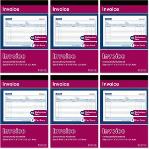 6 Pack Invoice Receipt Book, 2-Part Carbonless, 5-9/16" x 8-7/16" Invoice Book 50 Sets per Book for Small Business
