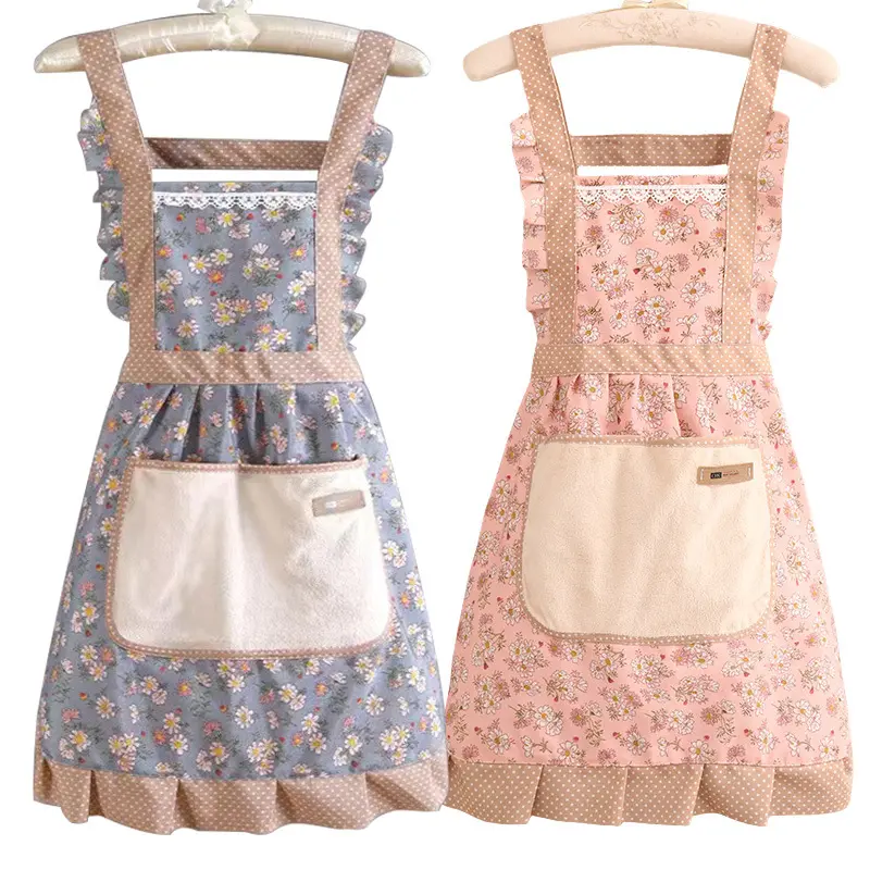 Women's Canvas Kitchen Cooking Apron - Female Home Care Work Clothes, Adjustable Strap, Dirt Resistant, Waterproof, Breathable, Wipeable, Pastel Princess-Style Waist Apron with Pocket, Comfortable