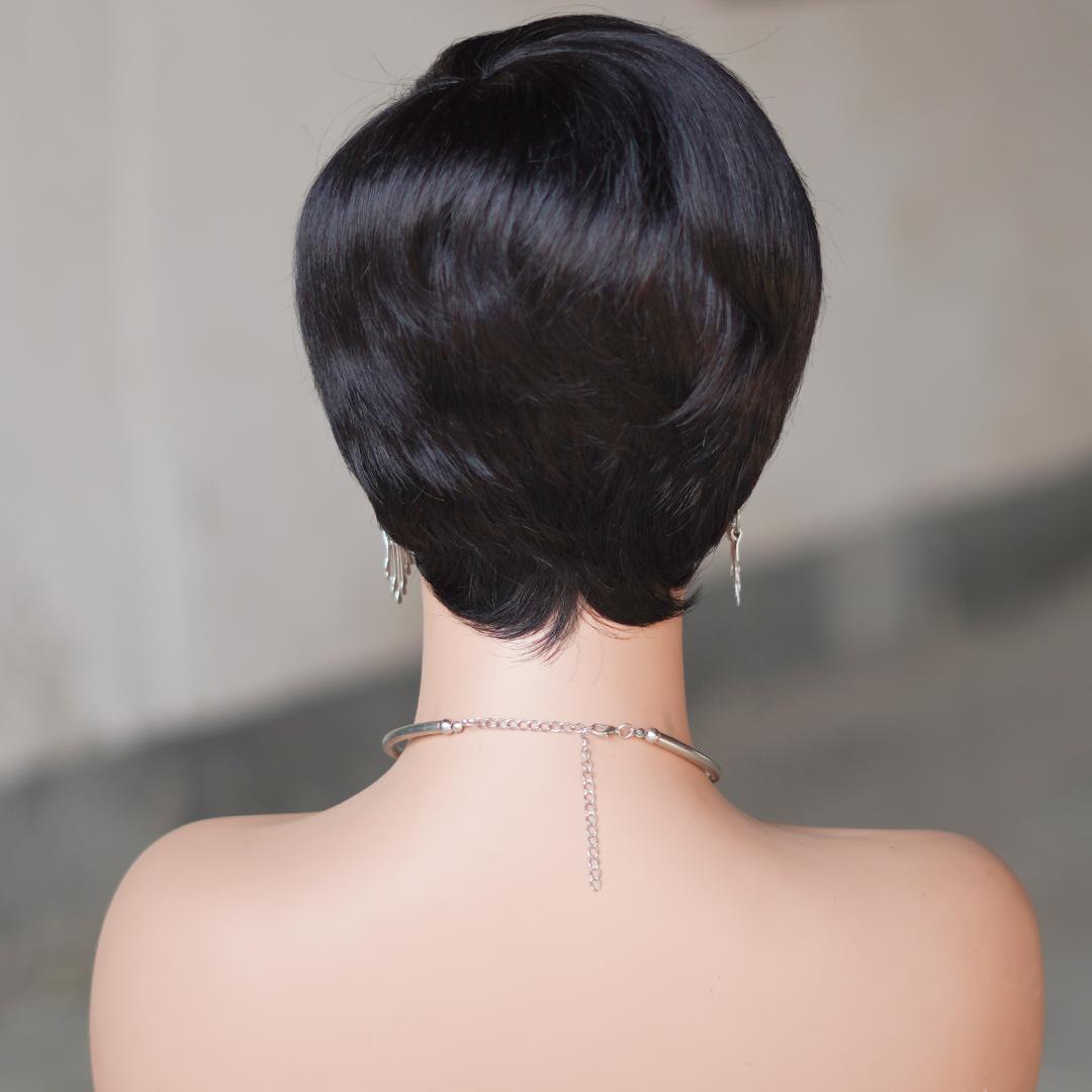 "Glueless Short Pixie Cut Wig With Bangs 180% Density Brazilian Virgin Human Hair P1B/99J 6 Inch Layered Natural Look Full Machine Made Wig Caps For Daily Party & Salon Use "	