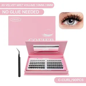 COFIER Glue-Free DIY Lash Kit Jelly 80/100 Pcs Coated Base Self-Adhesive Individual Lashes with Tweezers FDA Qualified Reusable for Beginners Friendly Makeup