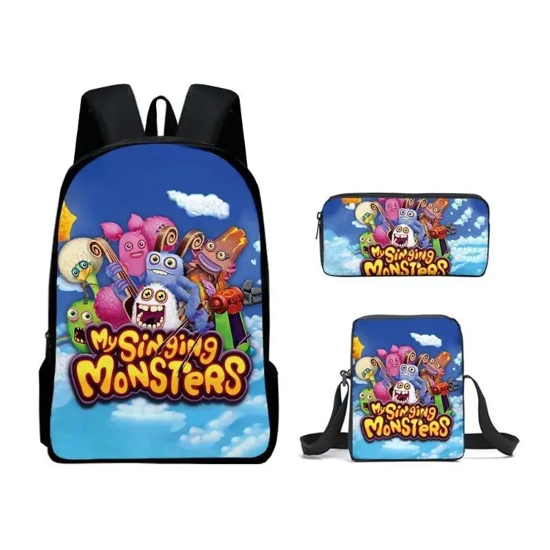 3pcs/set My Singing Monsters 3D Print Large Capacity School Bag Backpack Inclined Shoulder Bag Pencil Case Birthday Gift