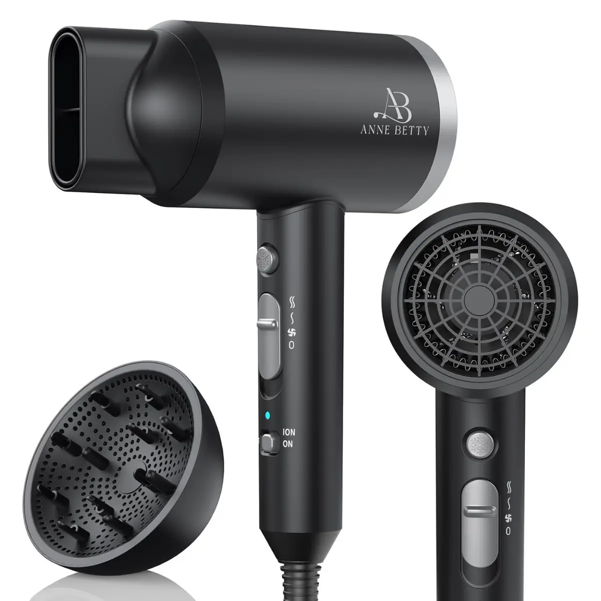 ANNE BETTY 1800W Ionic Hair Dryer with Diffuser, Fast-Drying Lightweight Low-Noise Hair Care Styling Tool for Women, Home & Travel Use
