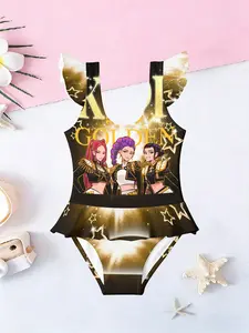 Girls' Character Print One-Piece Swimsuit, Star Ruffle Details Swimwear, Beachwear, Slim-Fitting Sleeveless Design Casual Style