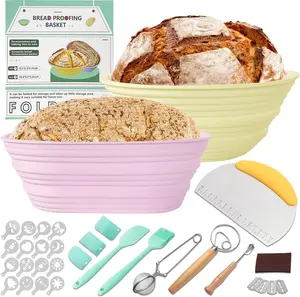 Silicone Banneton Bread Proofing Baskets, Round 9 Inch & Oval 10 Inch, Foldable Sourdough Baking Supplies