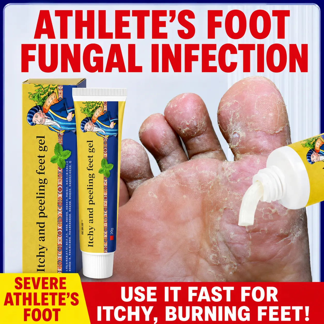Specialized foot repair cream for fast relief from itching and odor caused by athlete’s foot. Targets peeling soles, blisters on toes, excessive foot sweat; penetrates, inhibits bacteria, soothes redness and dryness/itching. Say goodbye to embarrassing at