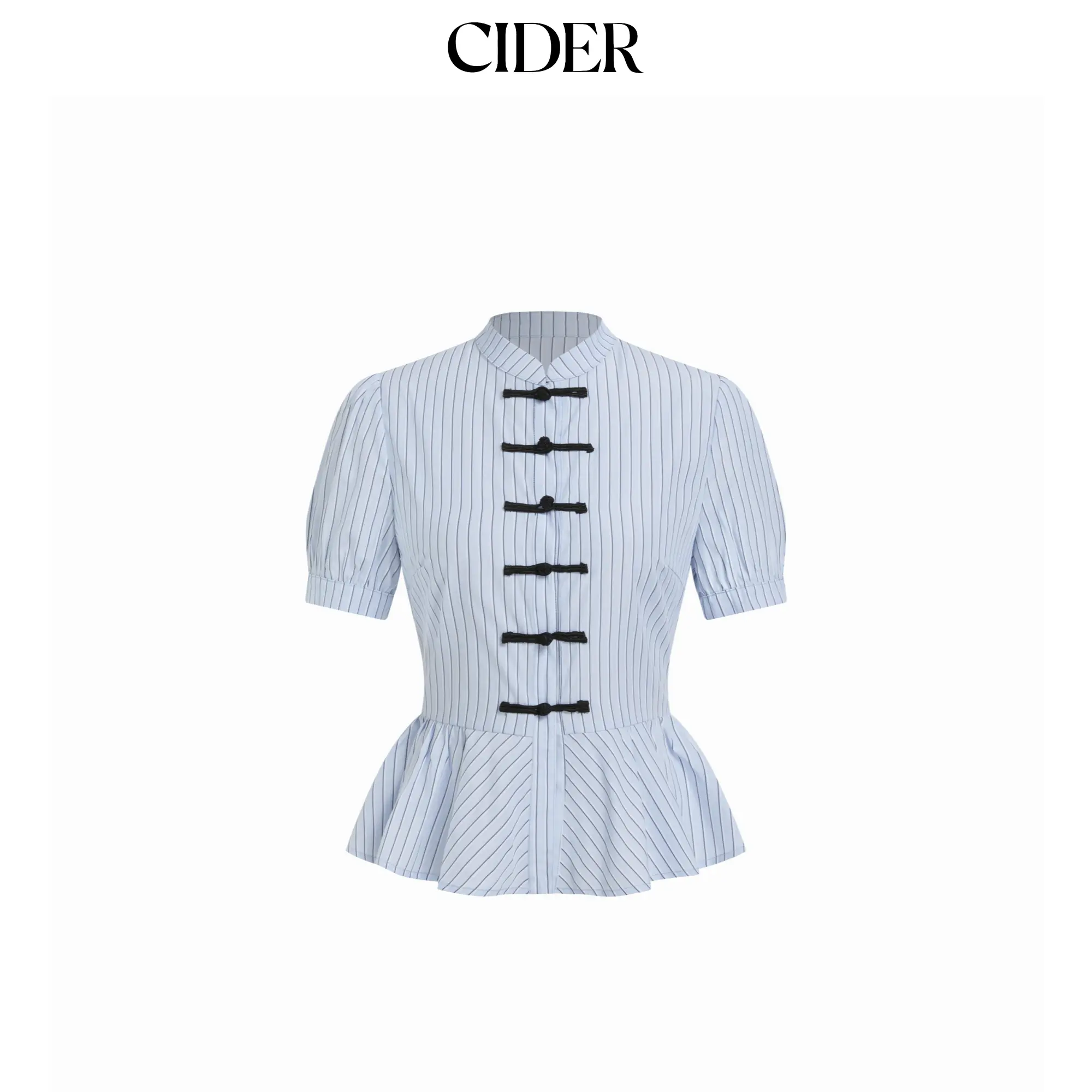 Cider Striped Stand Collar Puff Sleeve Toggle Button Peplum Hem Blouse