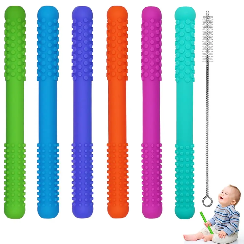 6-Pack Baby Silicone Teething Tubes, BPA-Free Hollow Chew Straws with Soothing Textures, Sensory Massage Toy for 6-12 Months Infants, Mother's Day Gift
