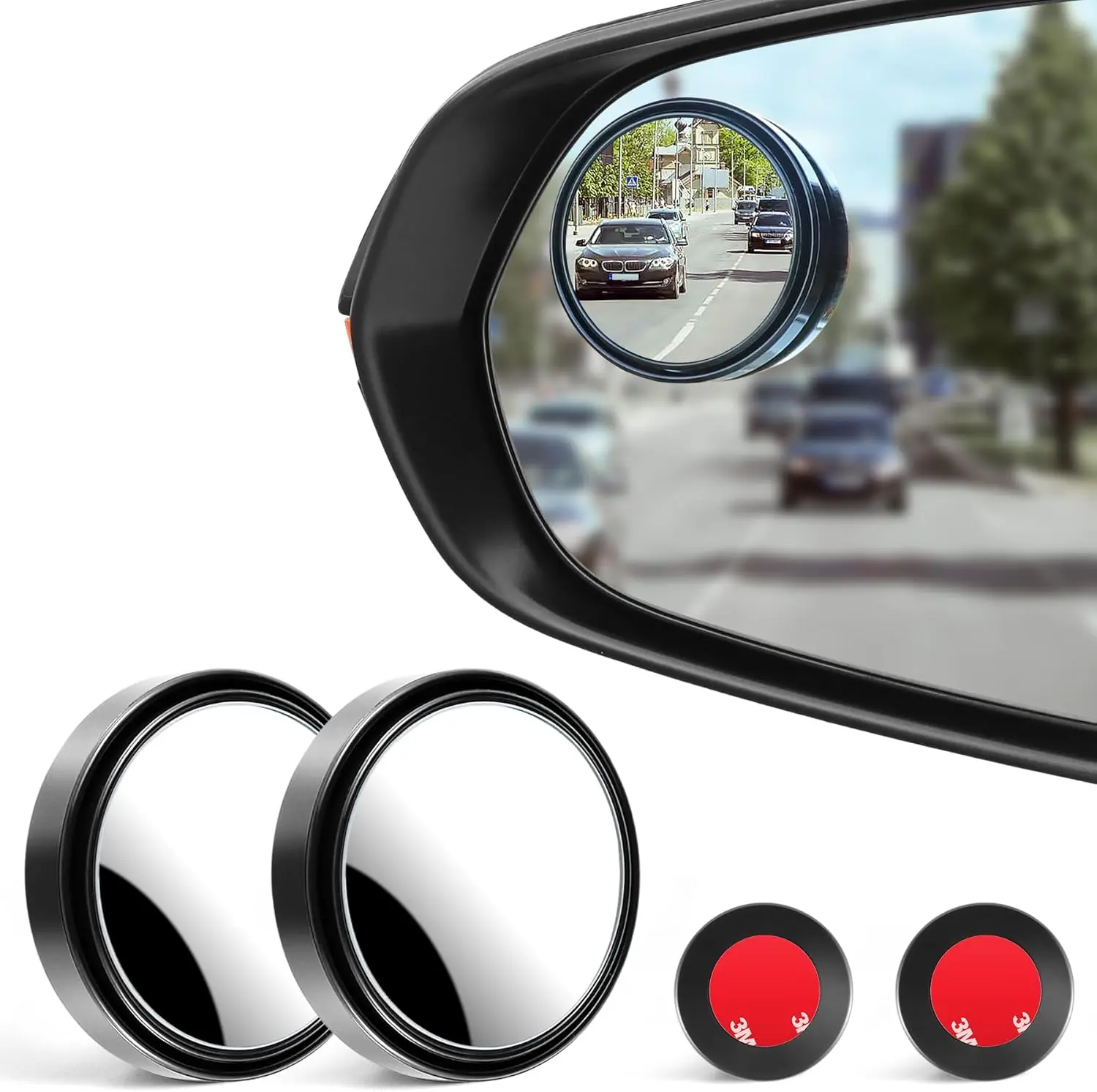 2× Round Blind Spot Mirrors, Universal Fit HD Glass & ABS Housing Convex Wide Angle Rearview Mirrors, Easy Install Adjustable Stick for Compact Round Shape Car Changing Lanes, Black, Expands Visibility