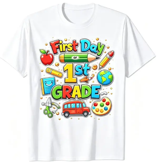 1st Grade First Day Cotton Short Sleeve Tee - Unisex Kids' Crew Neck School-Themed Clothes with Back-To-Class Print, Breathable Casual Top, Year-Round Wear Gift for New 1st Graders