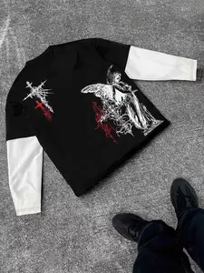 Dark Angel Theme Two-Piece Long Sleeve, Bottom Sleeves, Angel Thorn Print, Comfortable Skin-Friendly Fabric, Loose Fit, Casual