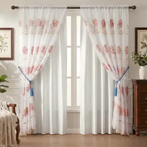 QF36 2-Panel Floral Vine Embroidery Blackout Curtain Panels, 52"x84" Double Layer with Waterfall Valance & Rod Pocket, Summer Home Textile Accessory for Bedrooms & Living Rooms, Blackout Curtains