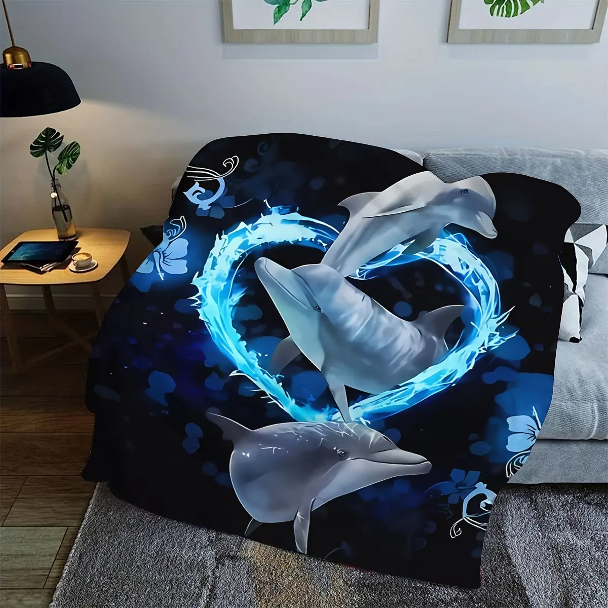 Modern Reversible Flannel Throw Blanket with 3D Digital Dolphin Print - All-Season Cozy Home Decor Blanket, Multipurpose for Camping, Office Naps - Festive Gifting Option for Friends - Digital Print Animals Home Supply