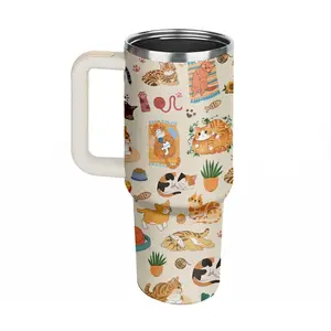 Mothers Day Gift For Cat Mom Cute Cat Pattern Insulated Tumbler With Handle Funny Kitten Aesthetic Travel Mug Crazy Cat Lady Gift Idea