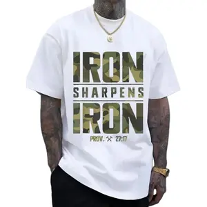 CMBT Men's Oversized 100% Cotton Graphic T-Shirt IRON SHARPENS IRON Proverbs 27:17 Bible Verse Design Geometric Print Casual Streetwear Tee Breathable Summer Top Machine Washable Summer Fashion Camouflage Pattern Durable Fabric