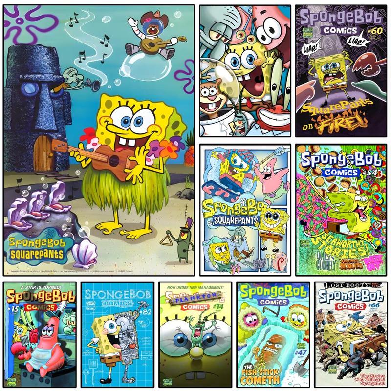 Animated Cartoon S-Sponge-Bob Poster Sticky Wall Art Printing Waterproof Modern Aesthetic Home Living Bedroom Decor Trendy Room Decoration Gift Durable High Quality