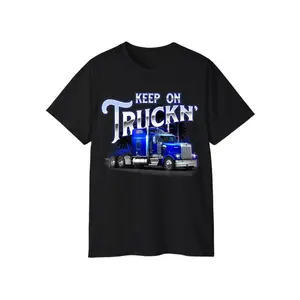 Keep On Truckin’ T-Shirt, Blue Freightliner Semi Rig with Palm Tree Graphic, Classic Diesel Trucker Work Shirt, For Long Haul Drivers & Big Rig Enthusiasts