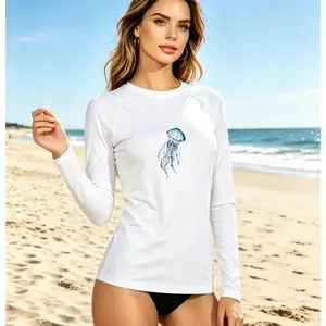 Long Sleeve White Sun Protection Shirt Women's Sun Protection Shirt Jellyfish Print Beach Summer Outfit Gift For Her Polyester Material