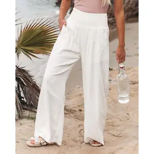 Women Linen Pants Summer Boho Wide Leg High Waist Casual Lounge Pant Beach Travel Vacation Outfits Womenswear Black
