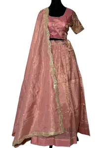 Traditional Rose Gold Lehenga Set with Embroidered Border and Matching Dupatta for Festive Wear