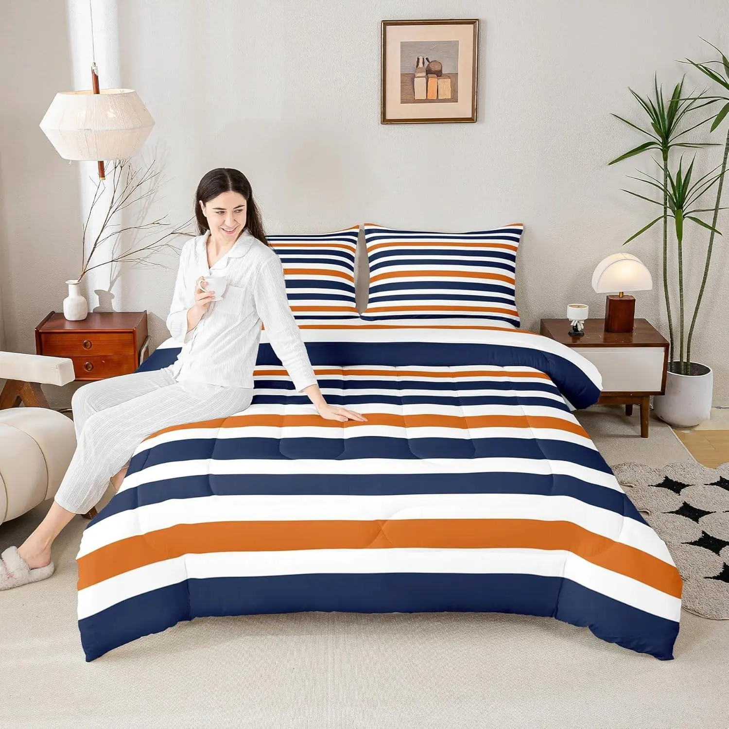 Stripe Art Comforter for Boys Kids Girls Blue and Orange Comforter Set,Home Decor Soft Modern Simple Bedding Set,Stripes All Season Teens Bedroom Down Duvet,1 Comforter