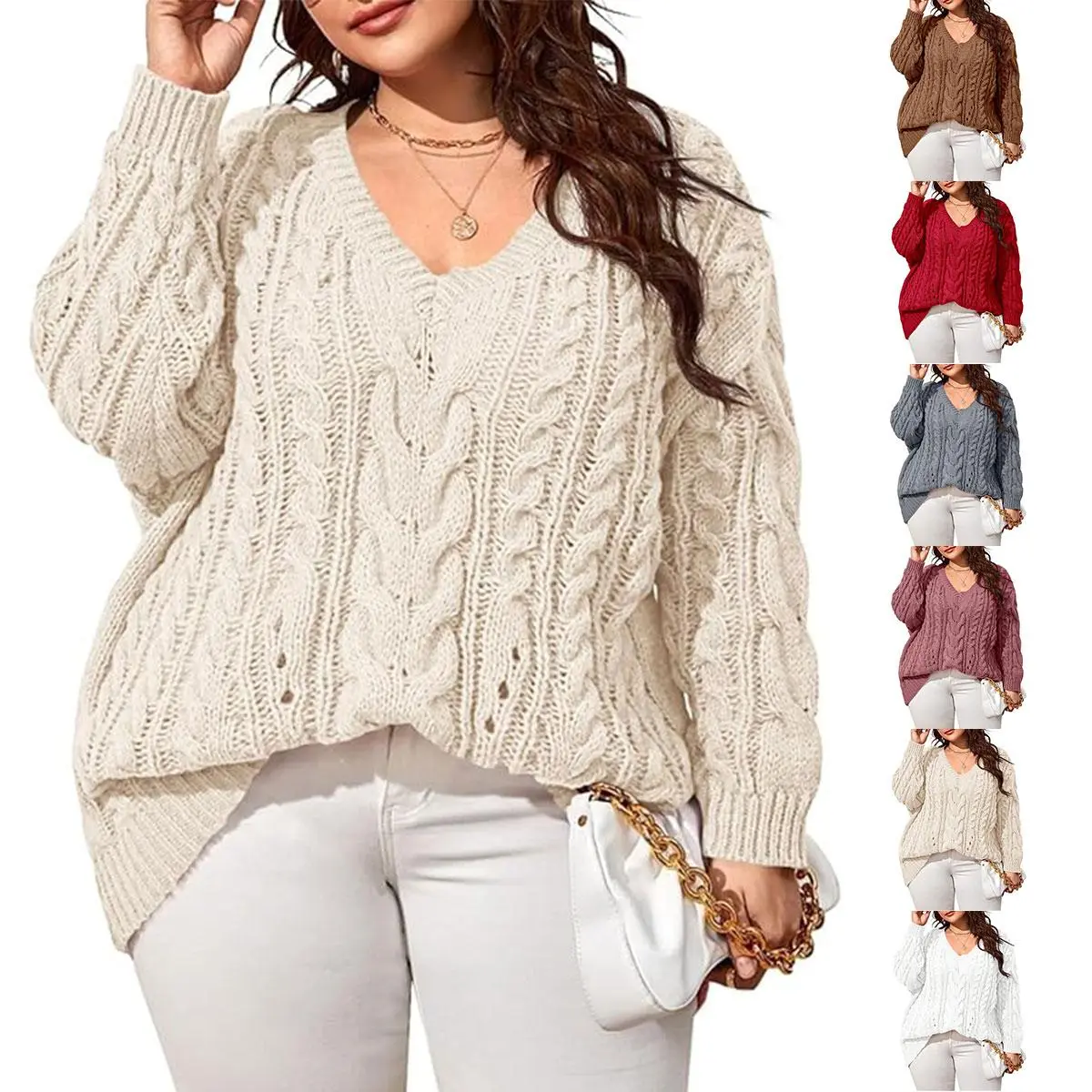 【2XL-5XL】imily bela curve 2026 Plus Size Sweaters for Women V Neck Long Sleeve Cable Knit Sweaters Casual Fall Sweaters Soft Jumper Tops