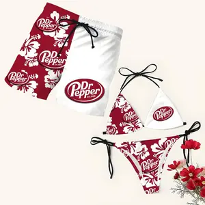 Matching Dr Pepper Floral Swimsuits for Couples - Swim Bra & Tie Side Thong Bikini + Men's Beach Shorts, Summer Vacation Swimsuit, Hawaiian Shirt Style, Aloha Beach Outfit, Casual Holiday Bathing Suits, Menswear & Womenswear