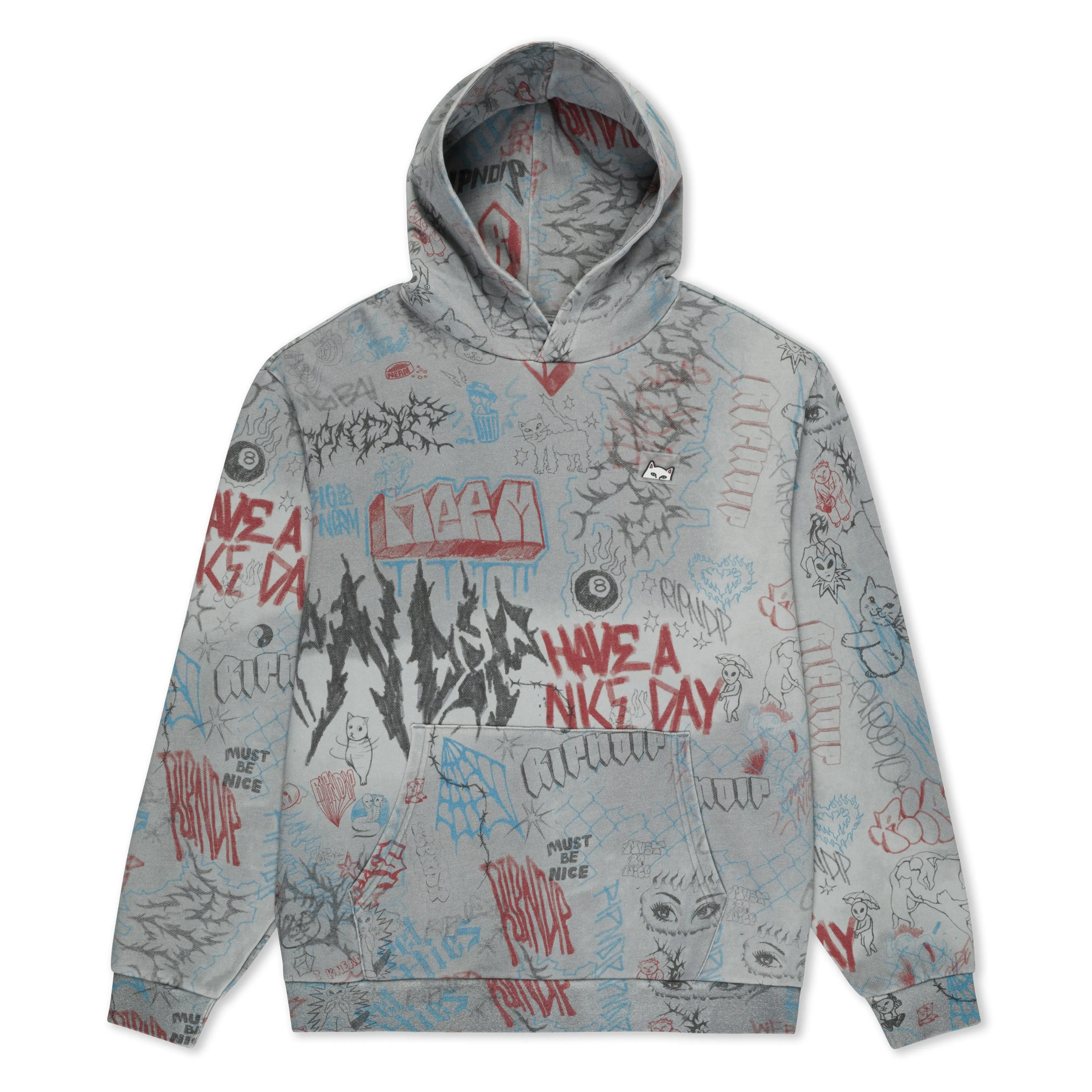 Lady's Vintage All Over Graphic Print Hoodie, Casual Pullover in Sage Grey Heavyweight 400 GSM Cotton, Pull On, Sweatshirt, Tops